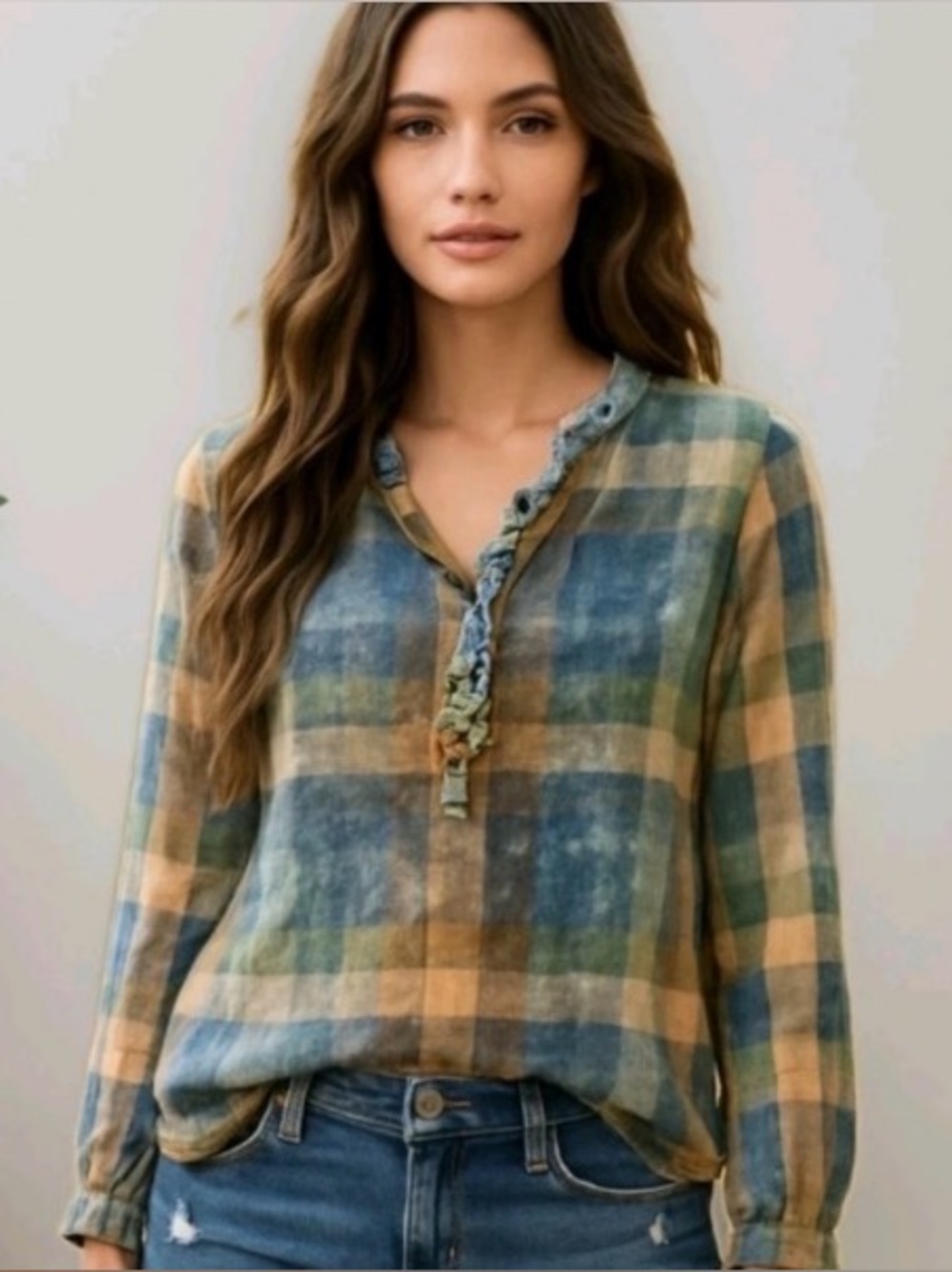 Plaid Ruffle-Trim Long Sleeve Top - Green/Blue Anthropologie Isabella Sinclair